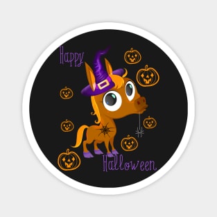 Whimsical Halloween: Funny baby horse in a wizard hat with spiderweb tattoo, chewing gum spider, and Jack-o'-Lantern - Happy Halloween Magnet